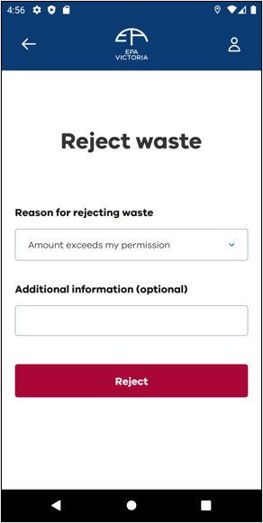 Select reason to reject waste