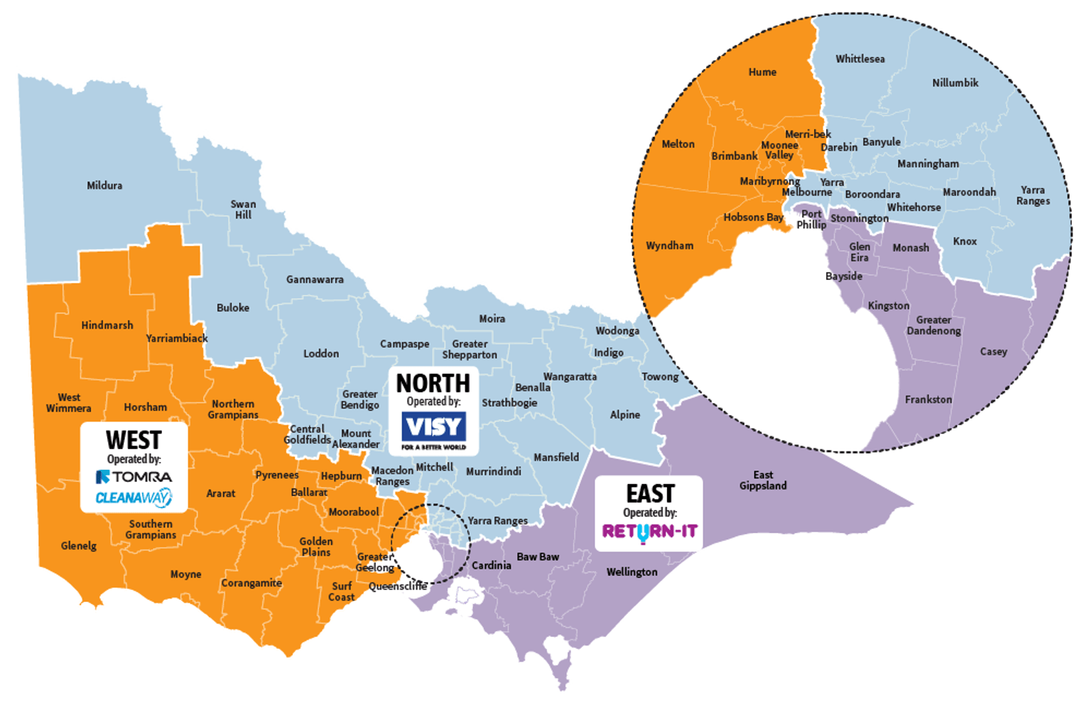 The map outlines which part of Victoria each Zone Operator is responsible for establishing and maintaining refund points.