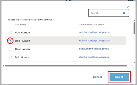 Select a new application contact