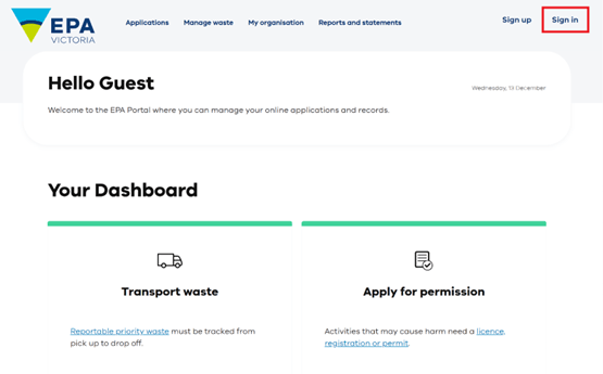 EPA permission administrators portal sign in