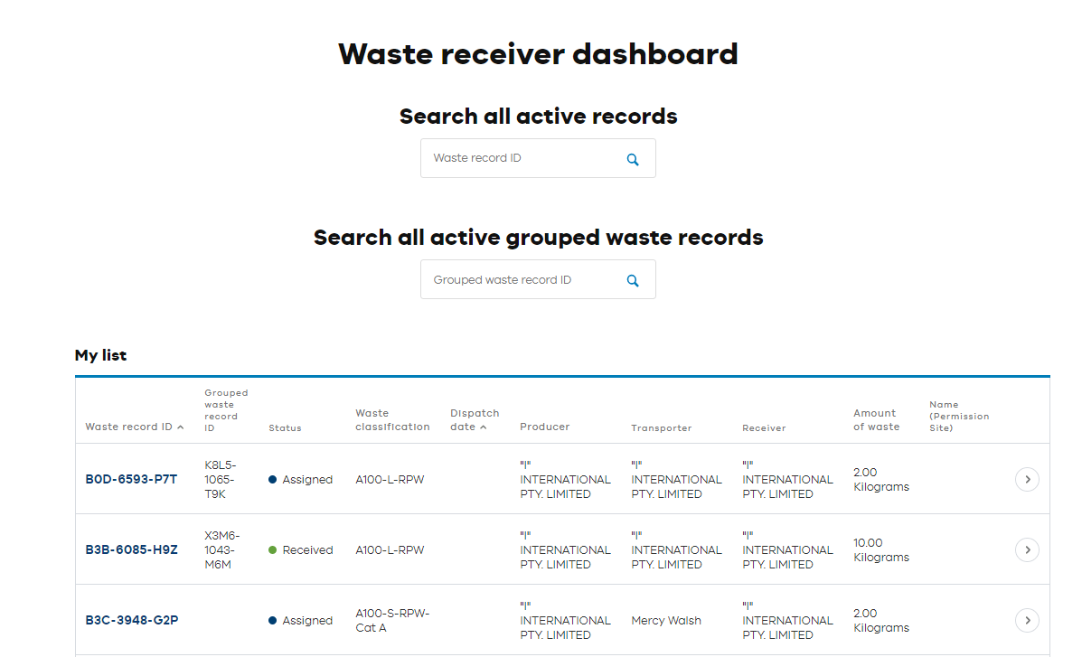 Waste receiver dashboard