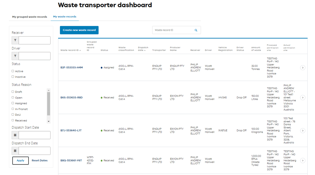 Waste transporter dashboard